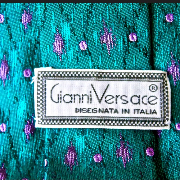 GIANNI VERSACE MENS TIE TEAL SILK FRANK STELLA 80s VINTAGE - Picture 2 of 8